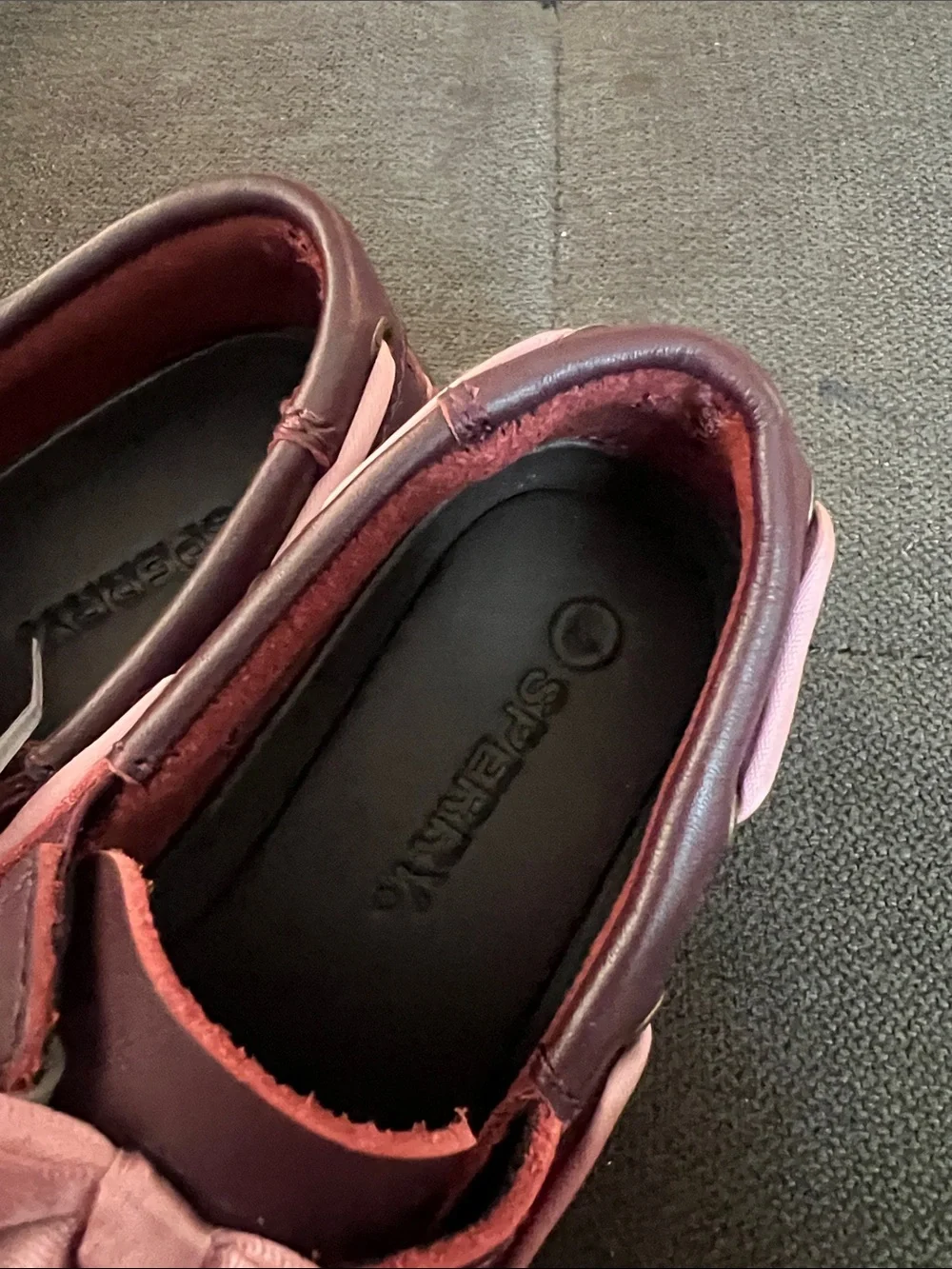Sperry Burgundy Kids Moccasins with Pink Ribbon